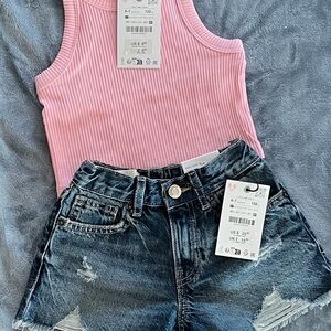 Zara Pink Ribbed Tank Top and Denim Shorts Set size 6-7
